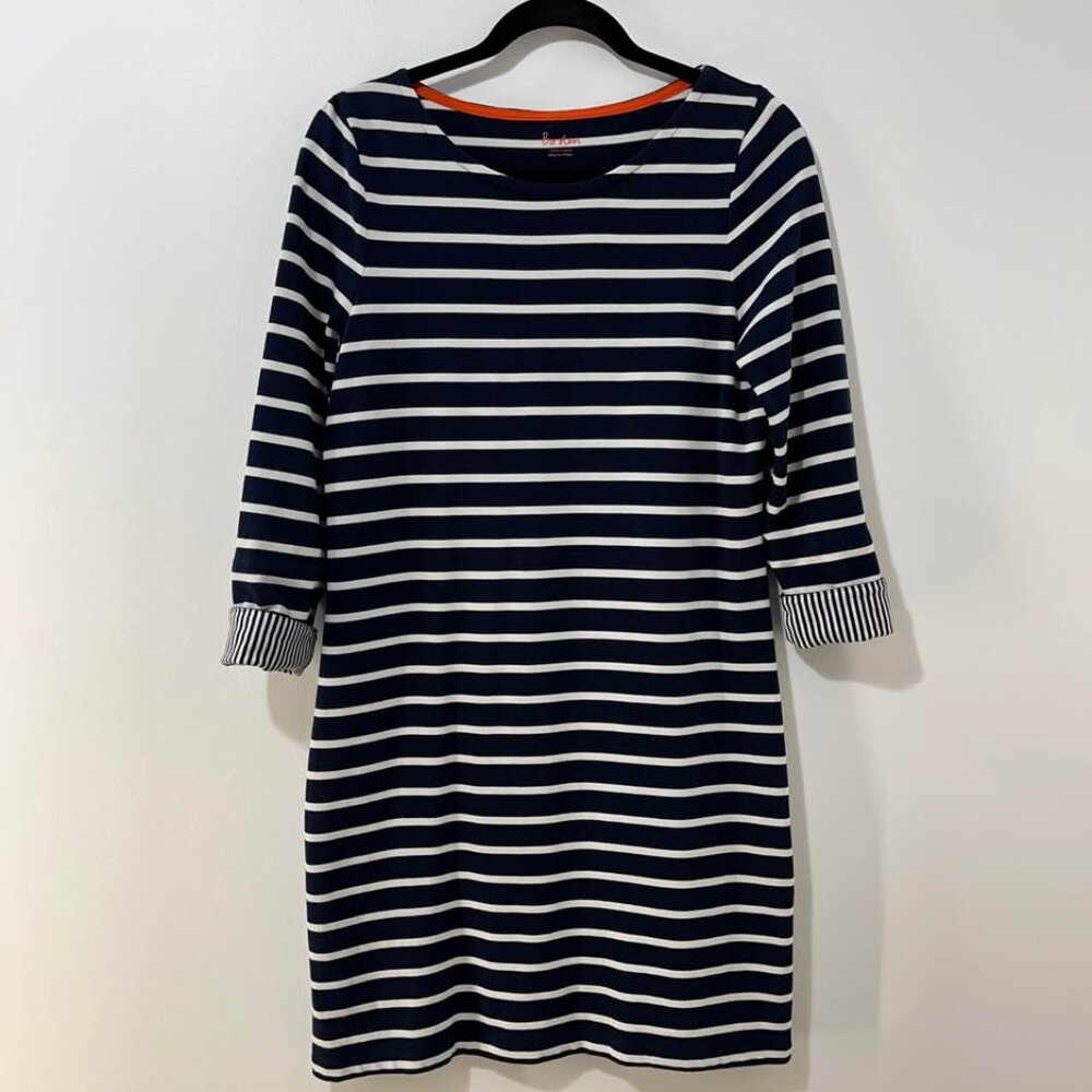 Boden Navy Striped 3/4 Sleeve Breton Dress | Coastal Preppy French Girl [size S] - Picture 2 of 9
